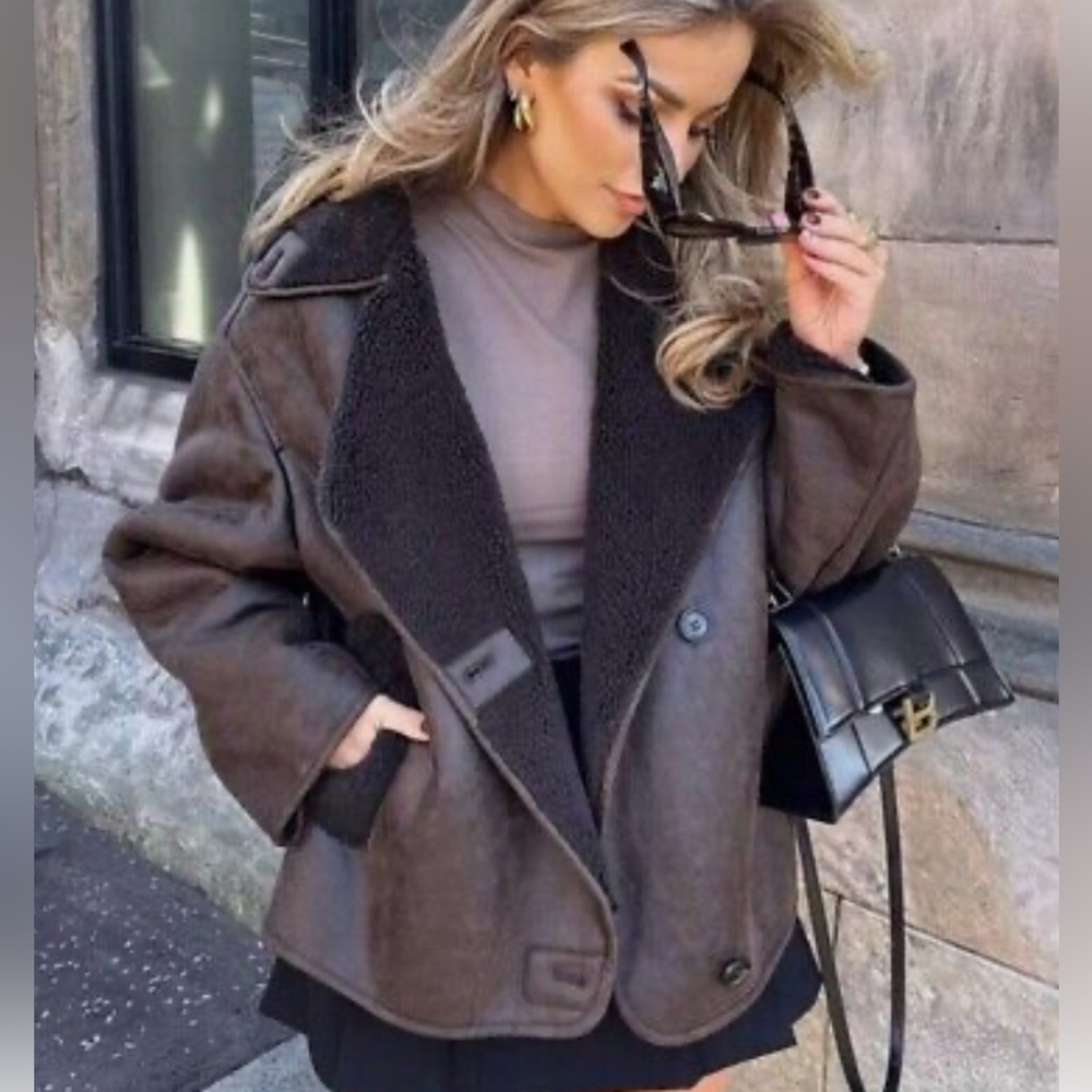 ZARA DOUBLE-FACED BROWN FAUX SHEARLING LAPEL FUR COLLAR, AVIATOR JACKET